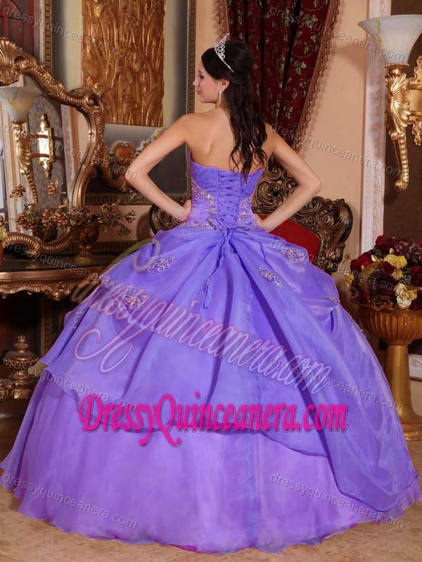 Purple Strapless Organza Beaded Quinceanera Dress with Ruching for Cheap