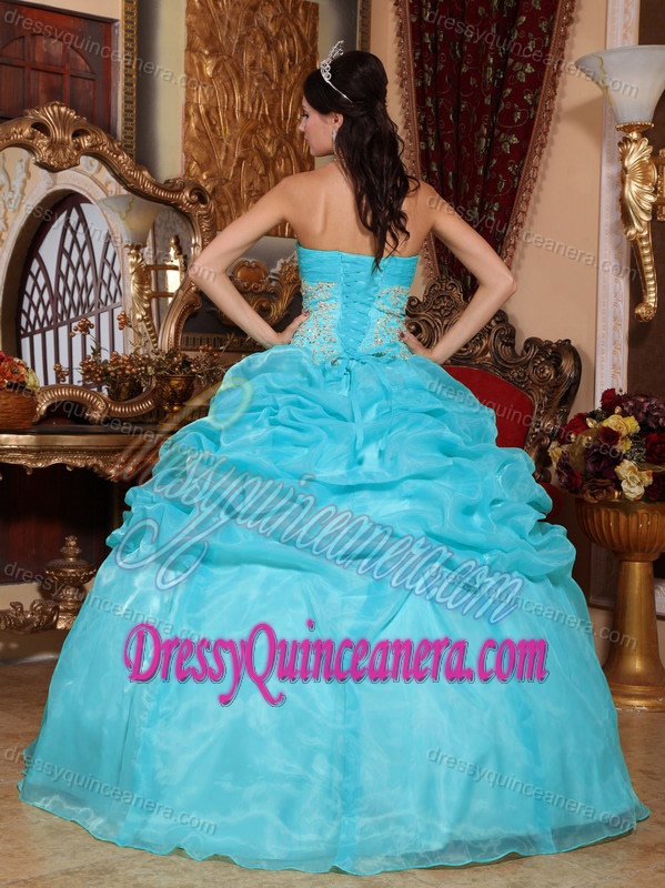 Aqua Blue Strapless Organza Appliqued Quinceanera Dresses with Pick-ups