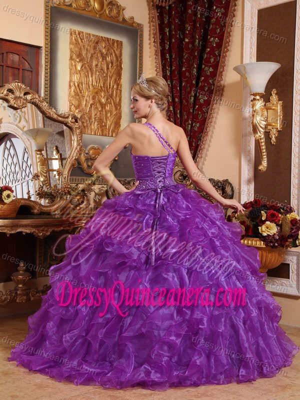 Purple One Shoulder Organza Beaded Quinceanera Dress with Ruffled Layers