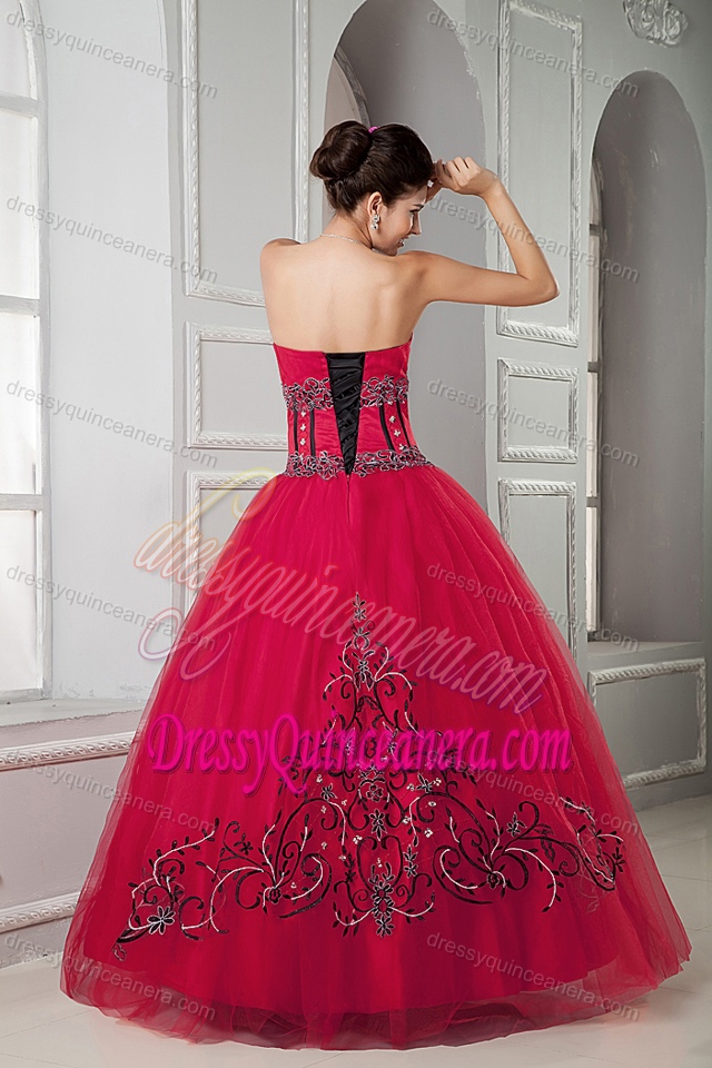 Red Sweetheart Tulle Beaded Quinceanera Dress with Embroidery for Cheap