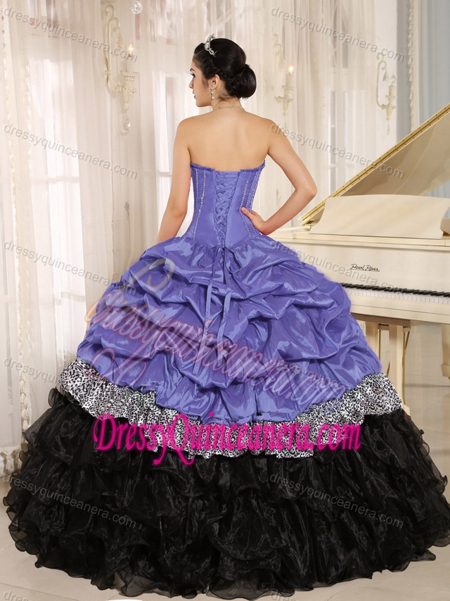 Purple and Black Sweetheart Quinceanera Dresses with Ruffles and Pick-ups