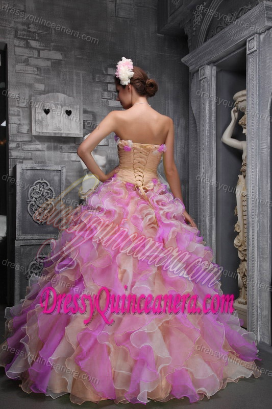 Lovely Multicolor Organza Quinceanera Gown Dress with Hand Made Flowers