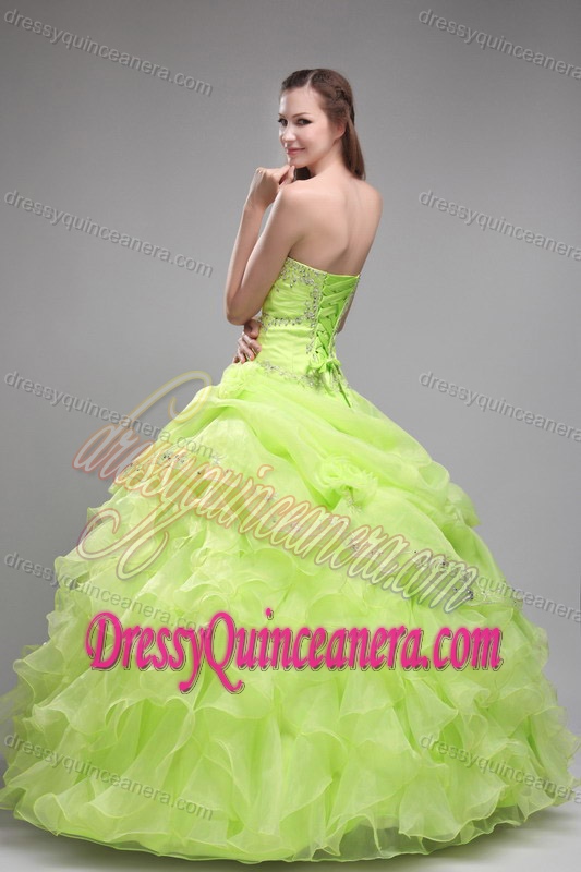 New Yellow Green Strapless Organza Beaded Quinceanera Dress with Ruffles