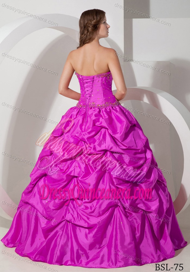 Cheap Hot Pink Strapless Taffeta Quinces Dress with Beading and Pick-ups