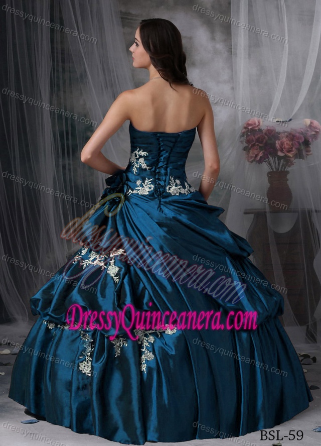 Noble Strapless Taffeta Dress for Quinceanera with Appliques in Aqua Blue