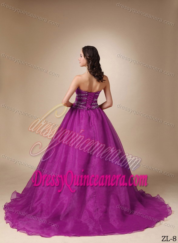 A-line Sweetheart Chapel Train Taffeta and Organza Beaded Dress for Quince