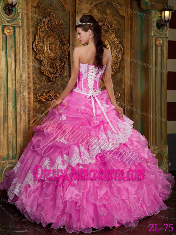 Hot Pink Strapless Organza Quinceanera Gowns with Appliques and Ruffles