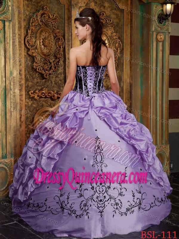 Lavender Strapless Embroidery Taffeta Dress for Quinceanera with Pick-ups