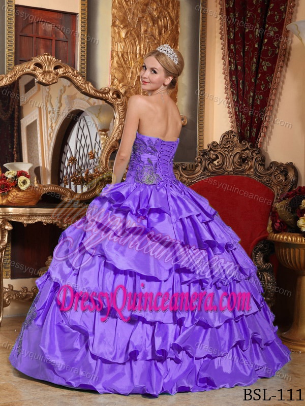 Elegant Strapless Taffeta Sweet Sixteen Dresses in Purple with Appliques