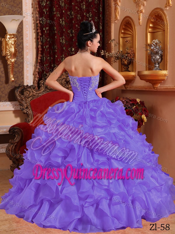 Purple Strapless Organza Sweet 16 Dresses with Beading and Appliques