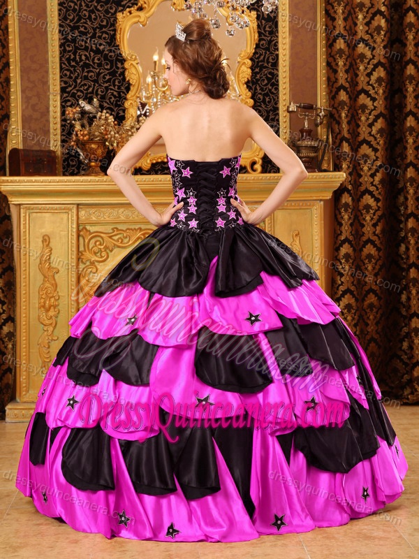 Lovely Strapless Taffeta Sweet 15 Dress with Beading in Black and Hot Pink