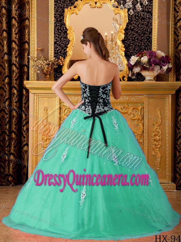 Turquoise Princess Sweetheart Tulle Beaded Quince Dress with Appliques