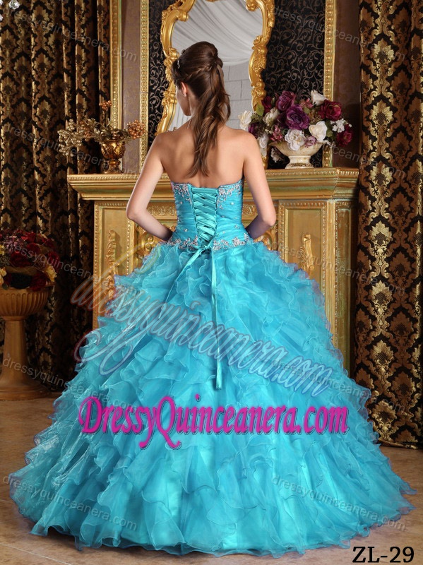 Aqua Blue Sweetheart Organza Quinces Dress with Appliques and Ruffles