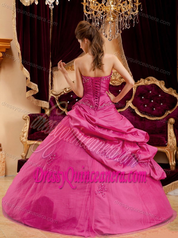 Fitted Fuchsia Strapless Taffeta and Tulle Quinceanera Dress with Appliques