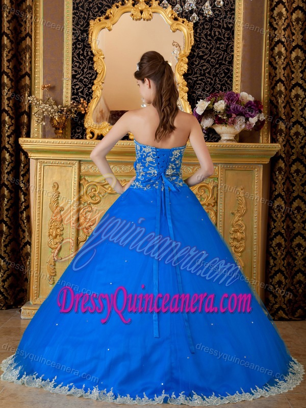 Blue Tulle Dress for Quinceanera with Appliques and Hand Made Flowers