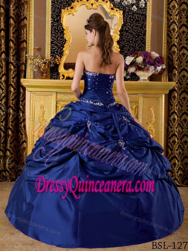 Dark Blue Strapless Taffeta Sweet 16 Quinceanera Dresses with Appliques