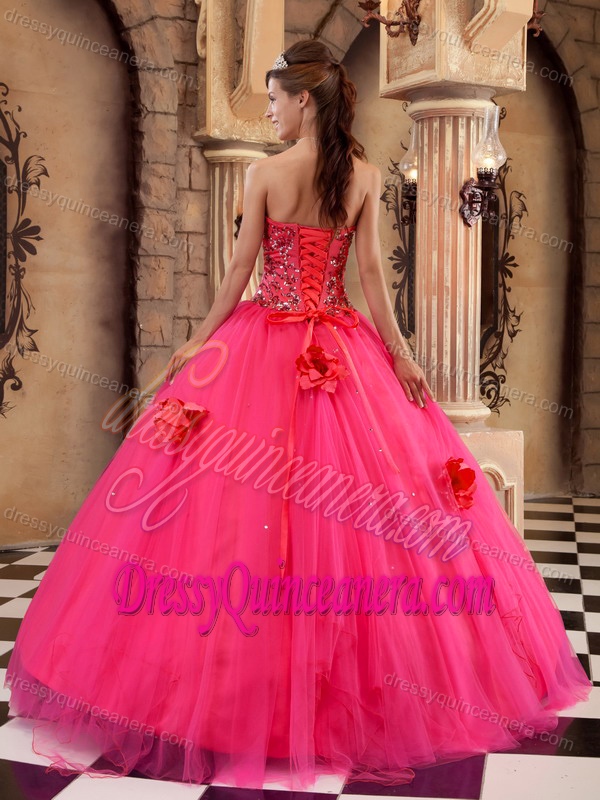Strapless Satin and Tulle Sweet Sixteen Dresses with Beading in Coral Red