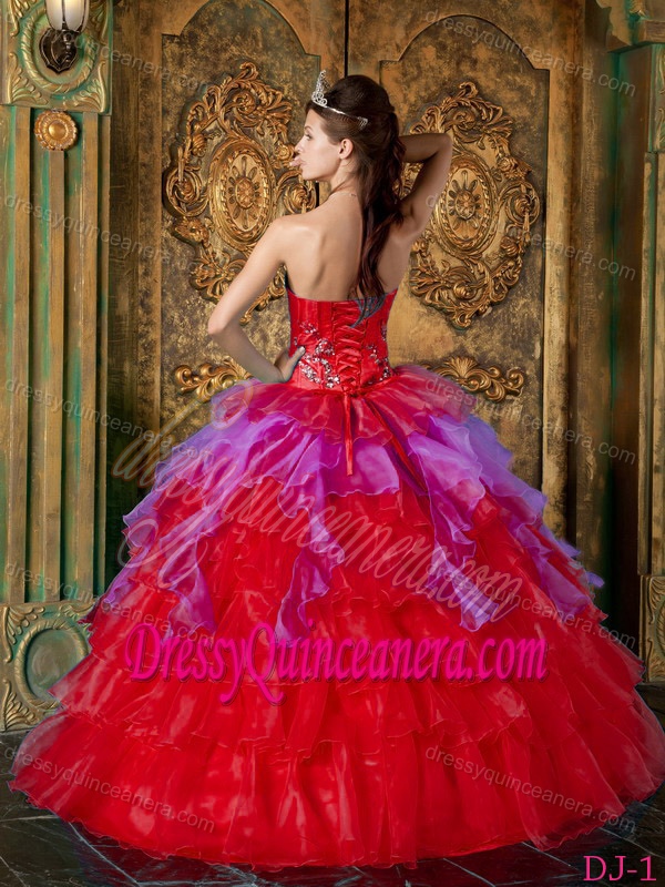 Red Strapless Organza Ruffles Sweet 15 Dresses with Ruffles and Appliques