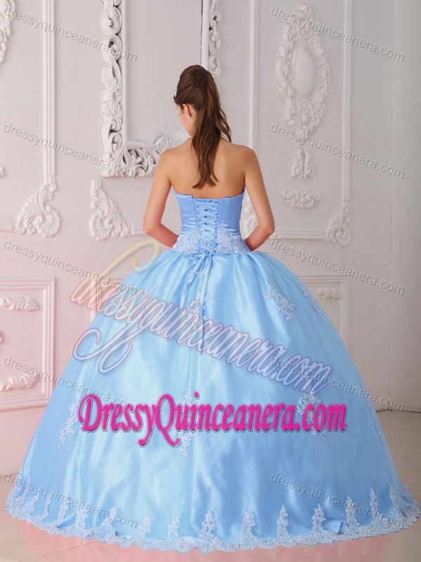 Blue Ball Gown Strapless Taffeta and Tulle Quince Dresses with Appliques