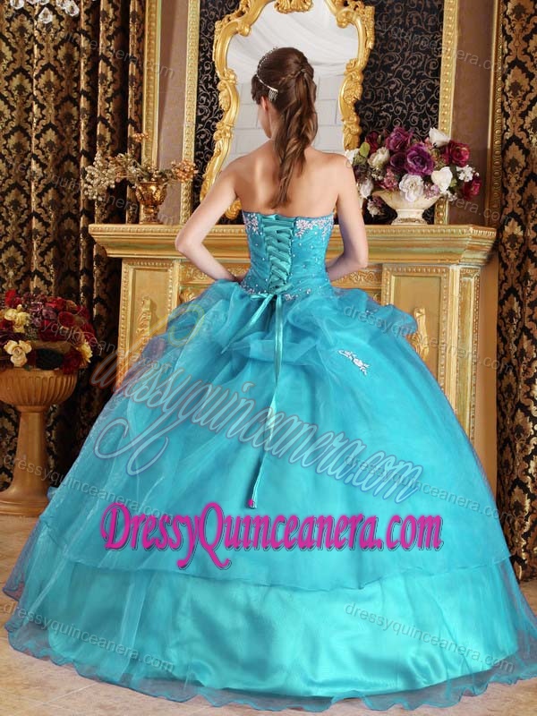 New Teal Sweetheart Organza Sweet 15 Dresses with Appliques and Lace-up