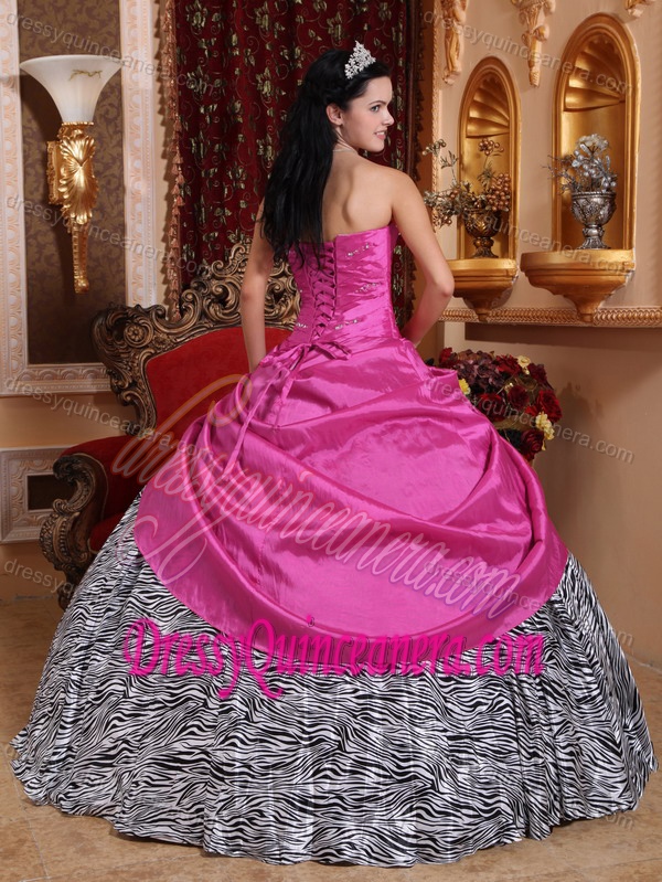 Hot Pink Sweetheart Taffeta and Zebra Beaded Quinceanera Gown Dresses