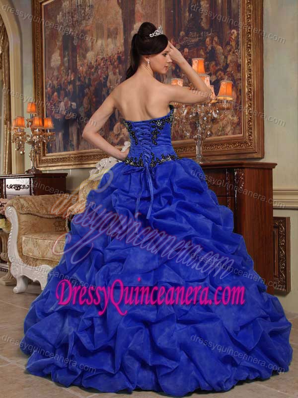 Dark Blue Taffeta and Organza Quince Dresses with Beading and Pick-ups