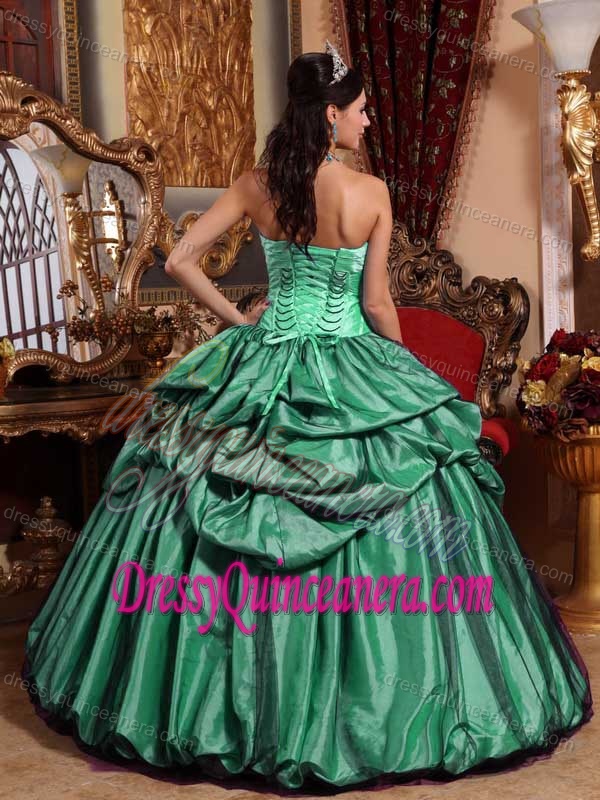 Hunter Green Strapless Taffeta Quinceanera Gown with Hand Made Flowers