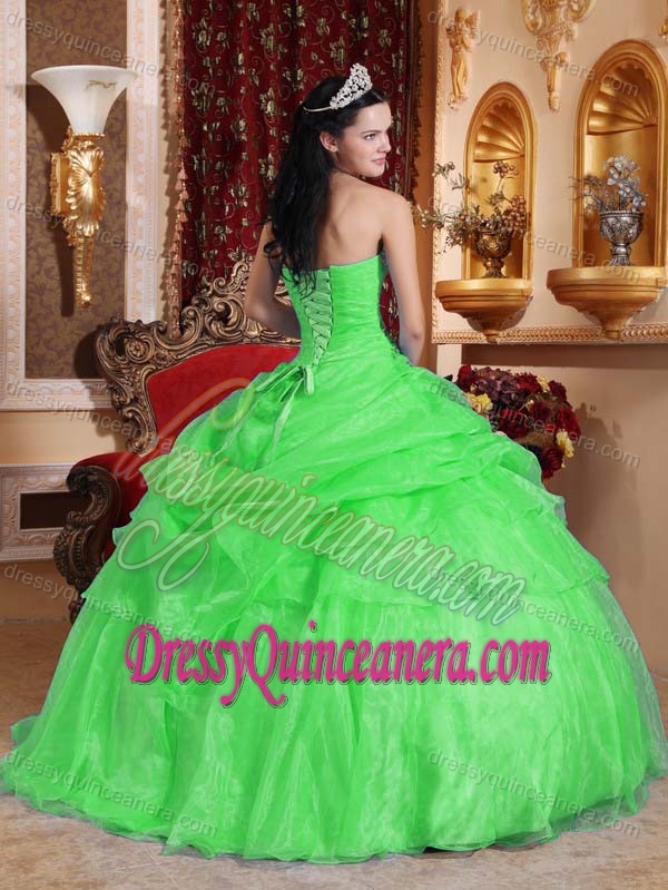 Spring Green Ball Gown Strapless Sweet Sixteen Dresses with Beads and Ruffles