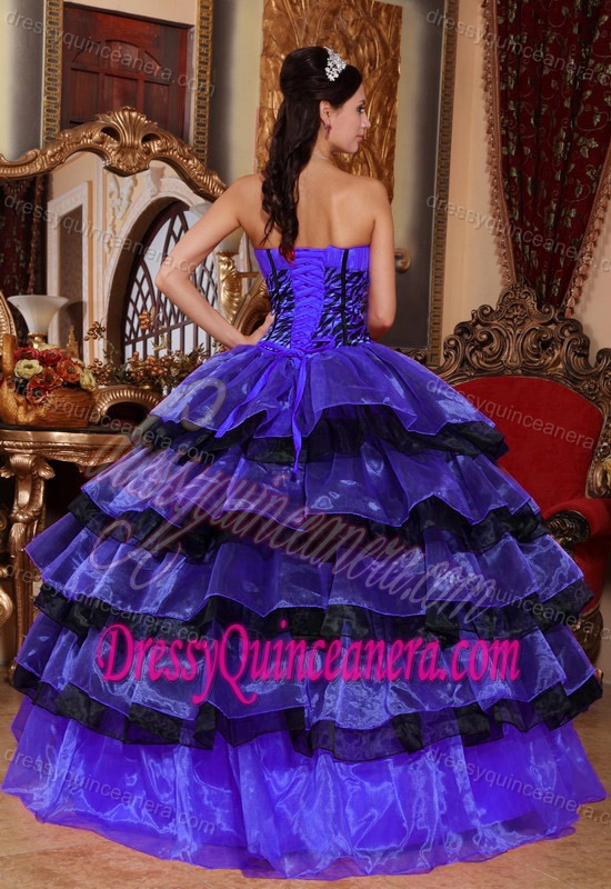 Royal Blue and Black Sweetheart Quince Gowns with Ruffled Layers in Organza