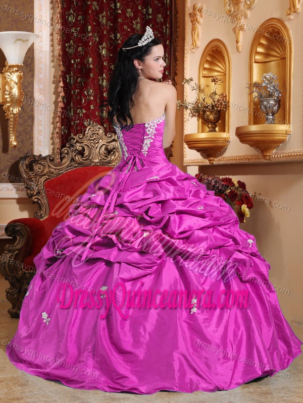 Fuchsia Strapless 2013 Sweet Sixteen Dress with Appliques and Pick-ups in Taffeta