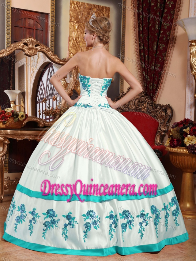 Sweetheart White and Teal Quinceanera Gown in Taffeta with Sequins on Promotion
