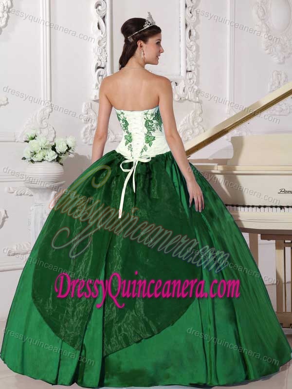 Inexpensive White and Green Appliqued Quince Dress with Heart Shaped Neckline