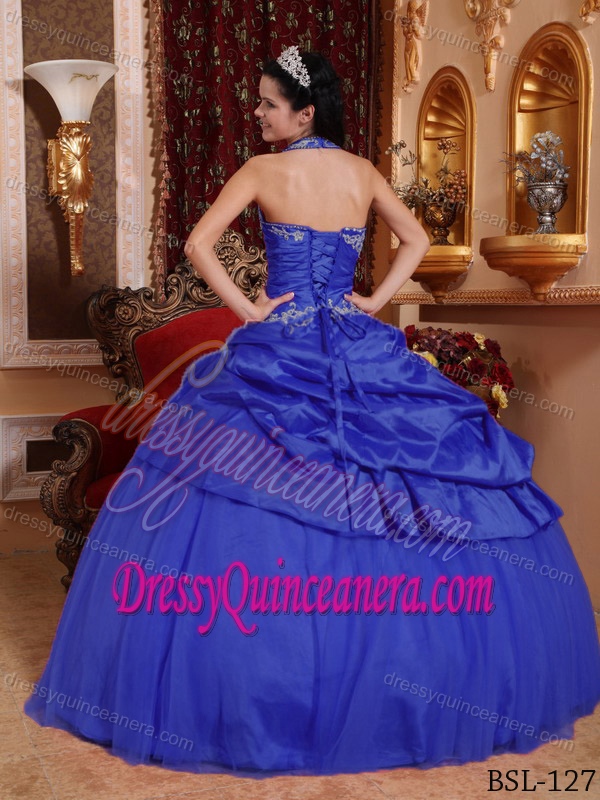 Halter-top Floor-length Sweet Sixteen Dresses with Appliques and Pick-ups in Blue