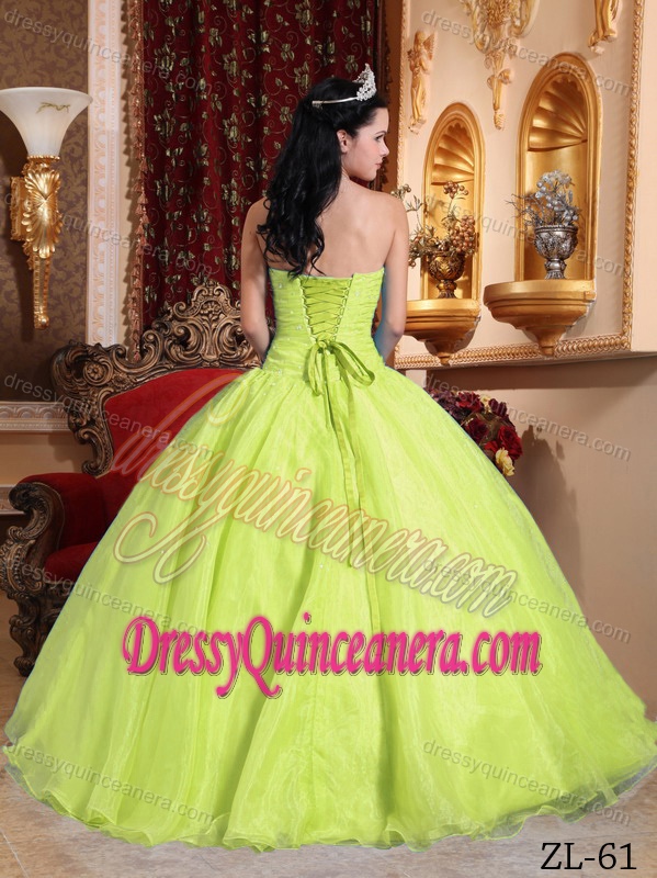 Strapless Yellow Green Dress for Quinceanera with Appliques and Ruches on Sale