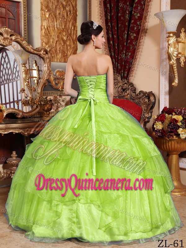 Yellow Green Ball Gown Strapless Sweet Sixteen Dress with Appliques and Ruches