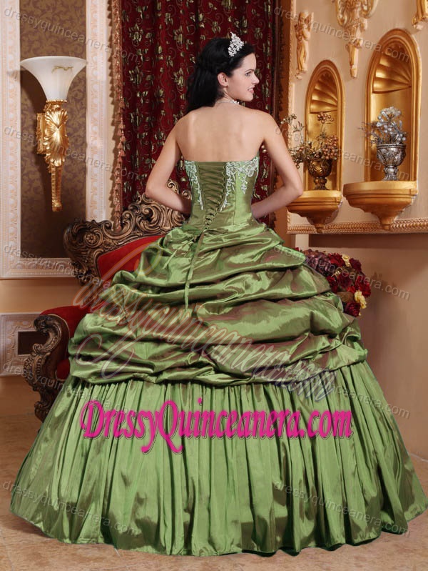 Ruched and Appliqued Taffeta Dress for Quinceanera with Pick-ups in Olive Green