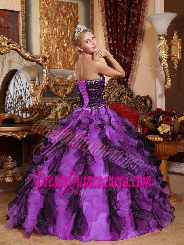 Ruffled and Beaded Purple Quinceanera Gown Dresses with Heart Shaped Neckline