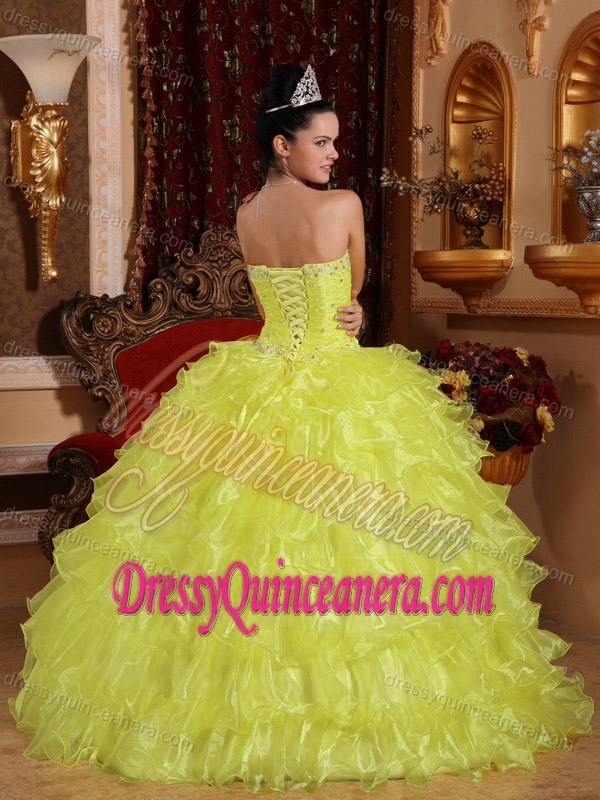 Strapless Ruched and Beaded Organza Quince Dress in Yellow with Ruffled Layers