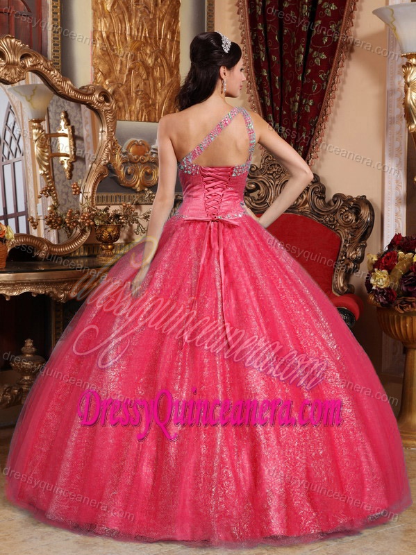 Red Ball Gown One Shoulder Dress for Quince with Beadings in Tulle and Taffeta