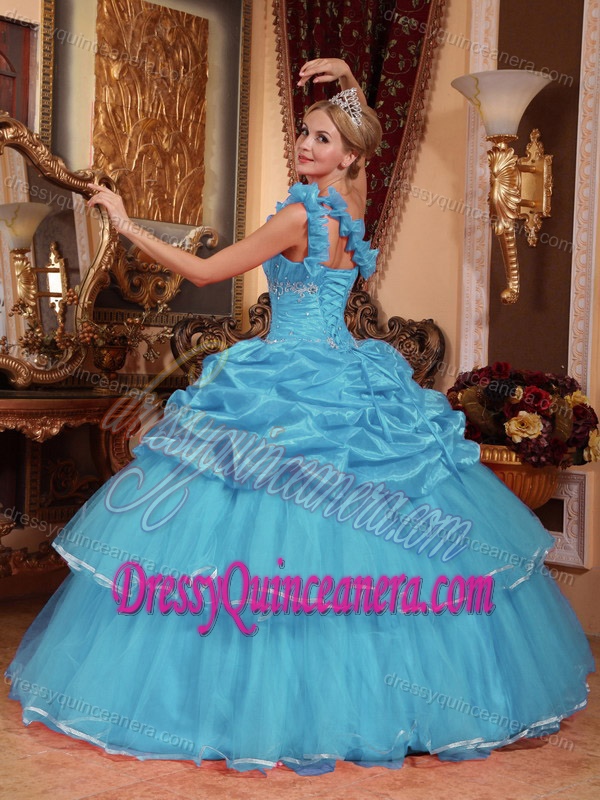 Aqua Blue One Shoulder Ruching Quinceanera Dresses with Layers and Pick-ups