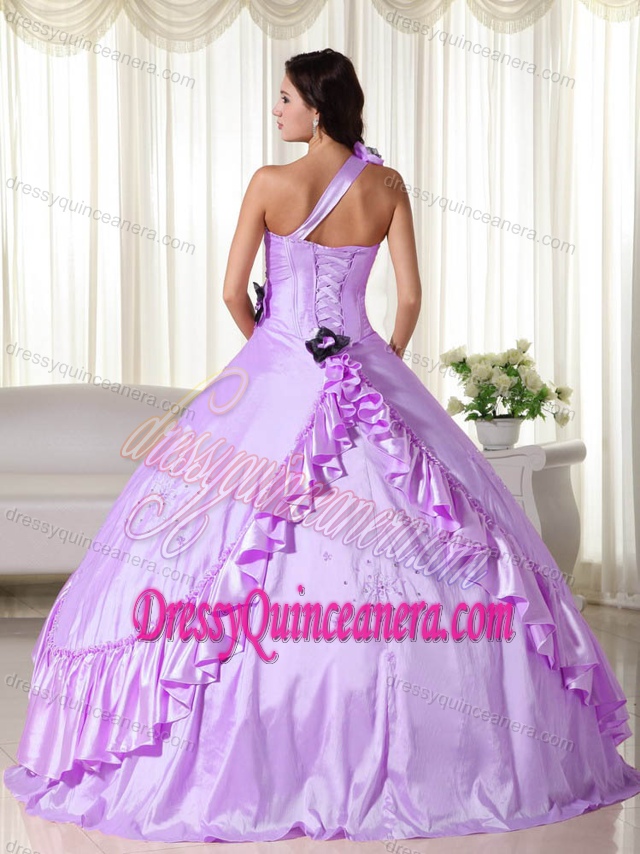 Lavender One Shoulder Dress for Quince with Handmade Flowers and Ruffles 2013