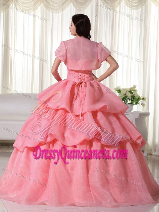 Watermelon Quince Dress in Organza with Hand Made Flowers and Ruffled Layers