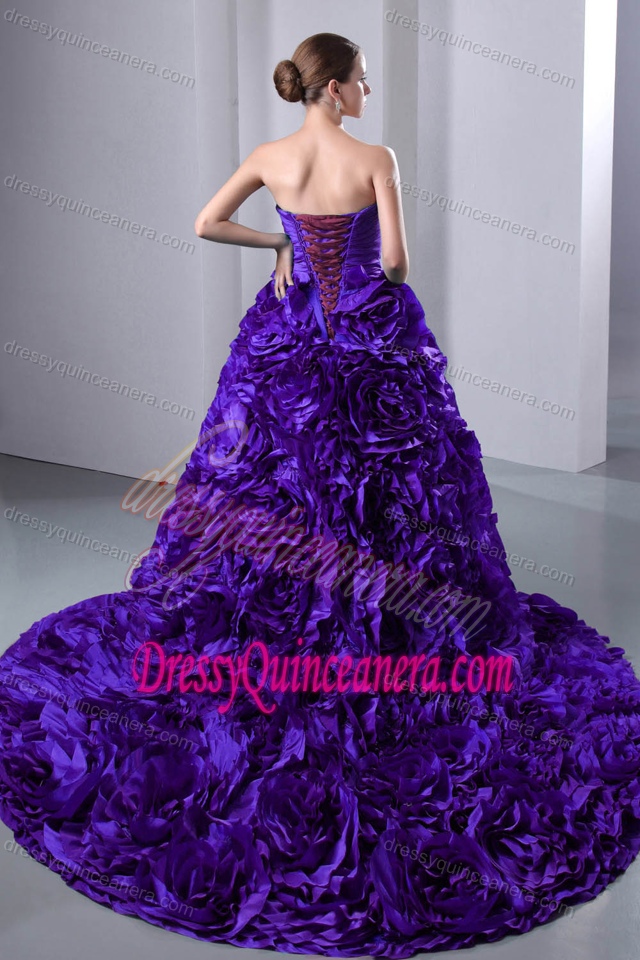 2013 Purple A-line Sweetheart Sweet 15 Dresses with Ruches and Rolling Flowers