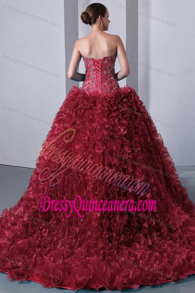 Discount Ruffled and Beaded Red Quinceanera Gowns with Heart Shaped Neckline