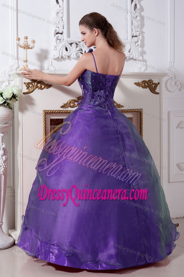 Purple A-line One Shoulder Dress for Quince with Hand Made Flowers and Beads