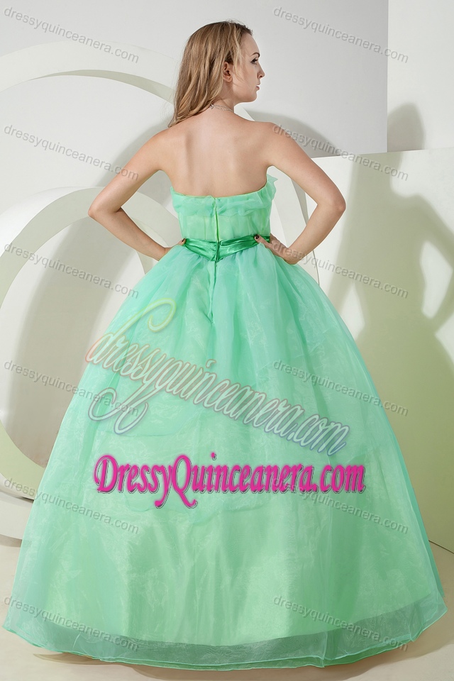 Strapless Organza Sweet Sixteen Quinceanera Dress in Aqua Blue with Green Sash