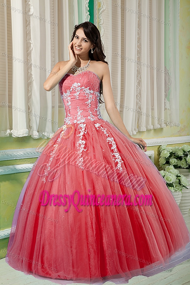 Watermelon Sweetheart Ruched Sweet Sixteen Dress with Appliques and Beadings