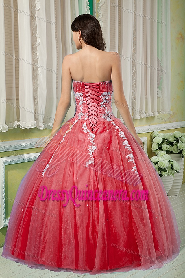 Watermelon Sweetheart Ruched Sweet Sixteen Dress with Appliques and Beadings