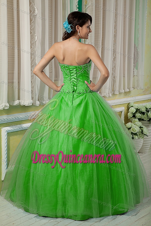 Cheap Beading Spring Green Sweet 15 Dresses with Heart Shaped Neckline on Sale