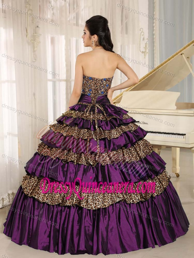 Beautiful Purple Leopard Sweet Sixteen Dresses with Ruffled Layers and Appliques